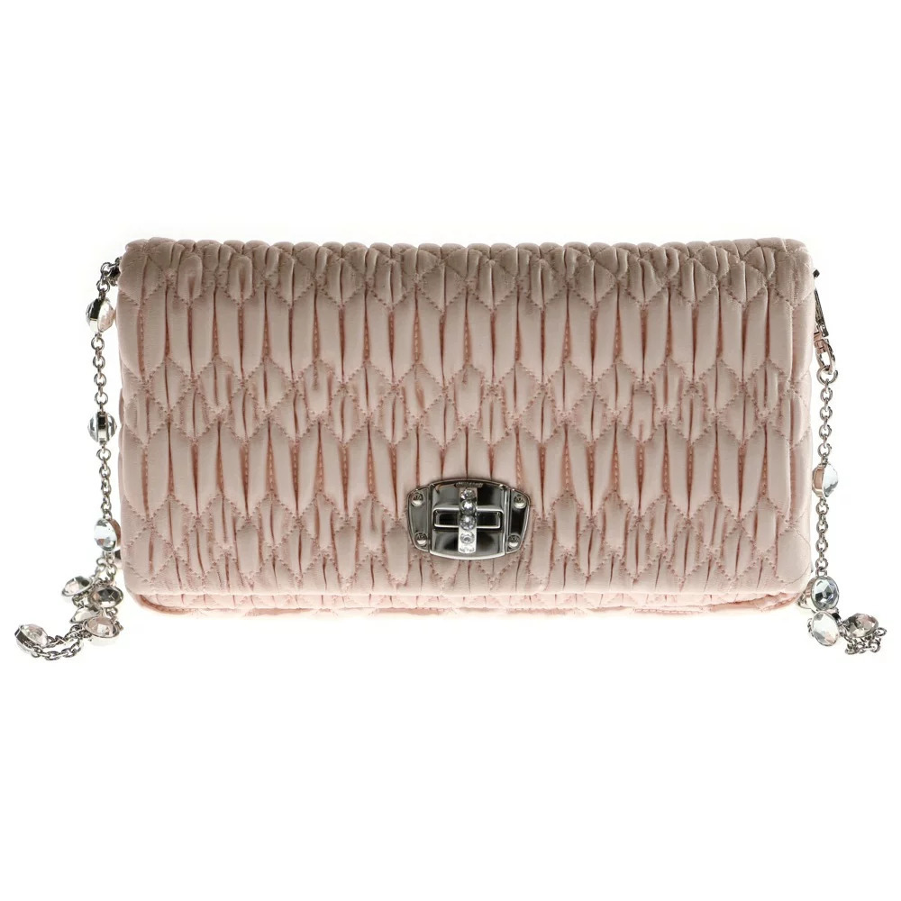 Miu Miu Nappa Crystal Shoulder Bag Chain Handbag Pink Satin